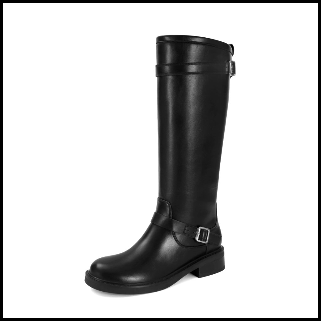 Knee High Riding Boots Round Toe Slip On Chunky Block Heel Vintage Buckles